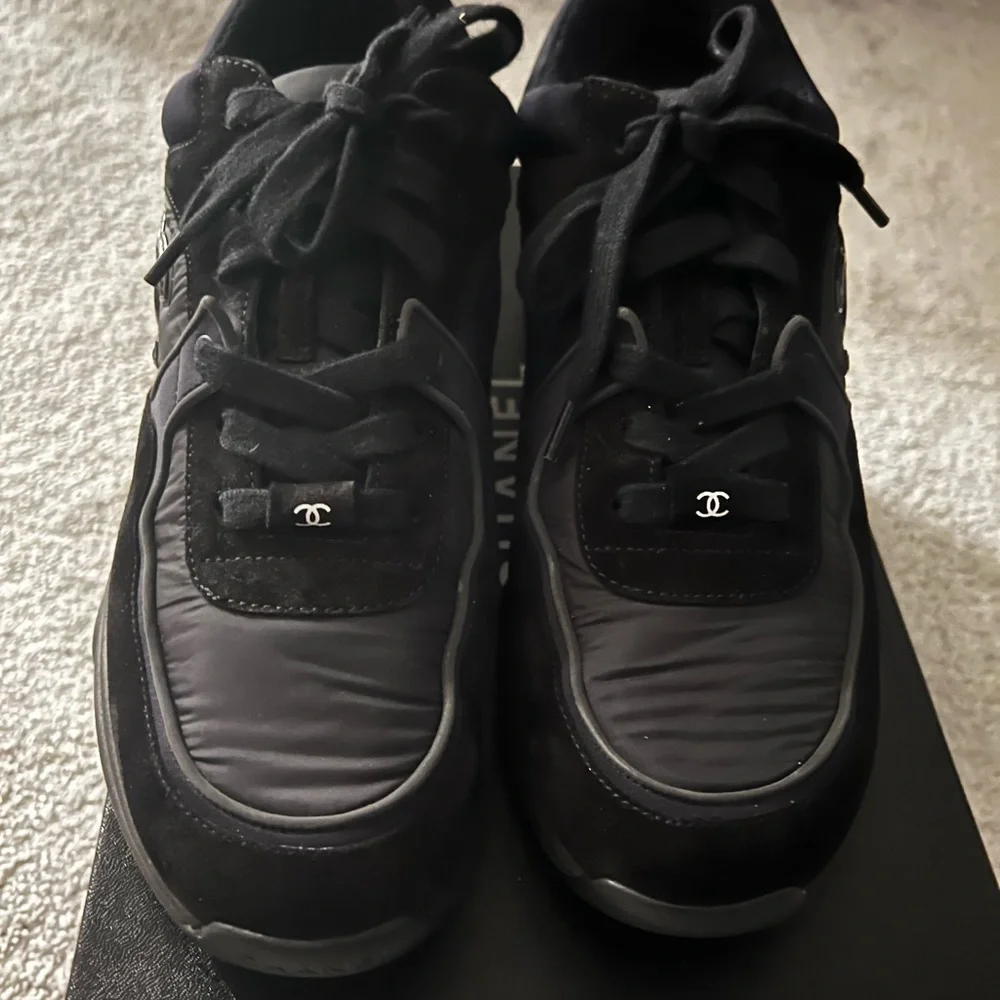 CHANEL Black Suede & Leather CC Logo Sneakers